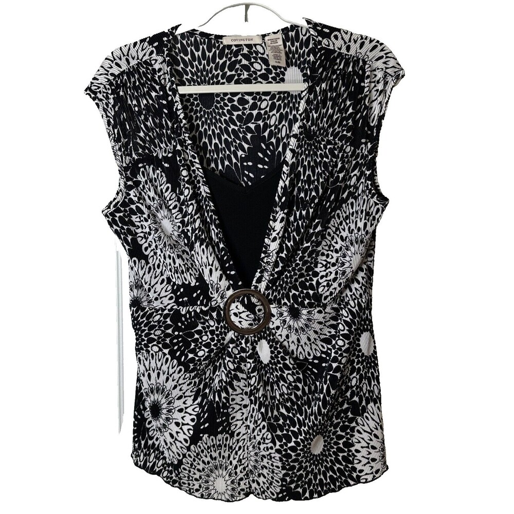 Covington Blouse Size XL Black/White Sleeveless V-Neck Buckle Accent Pleated Top